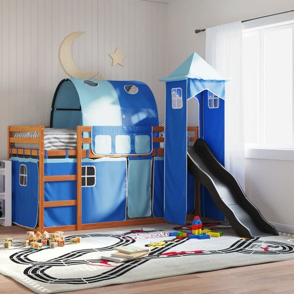 vidaXL Etagenbett mit Rutsche und Gardinen Blau 90x200 cm 3284168