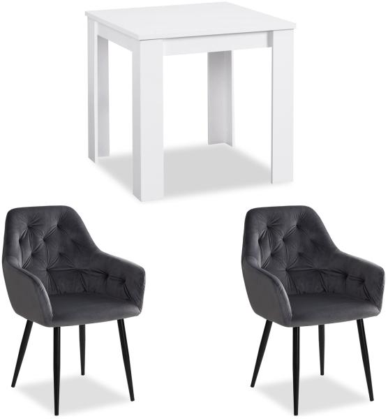 Essgruppe mit 2 Stühlen Esstisch Weiß 80x80 cm Esszimmertisch Holz Massiv Polstersessel Samt Grau