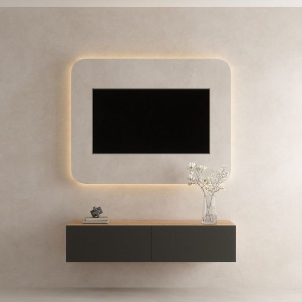 Planetmöbel TV Board 140 cm Gold Eiche/Anthrazit, TV Schrank mit 2 Klappen als Stauraum, Lowboard hängend oder stehend, Sideboard Wohnzimmer