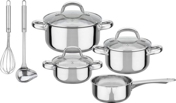 GSW Topf-Set Montreal, Edelstahl (Set, 9-tlg, je 1 Kochtopf 14/16/20 cm, 1 Stieltopf 14 cm), inkl. aller Kochutensilien die eine Haushaltsküche benötigt, Induktion