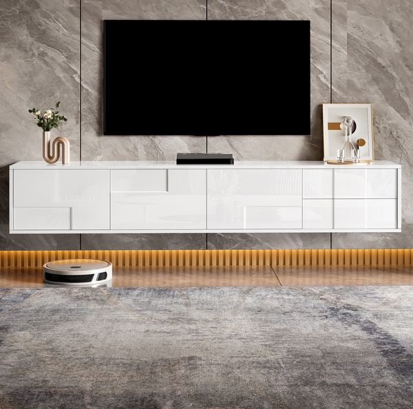 TV-Lowboard 170 x 30 x 30,5 cm mit 3 Türen und 2 Schubladen – griffloses TV-Möbel in Weiß