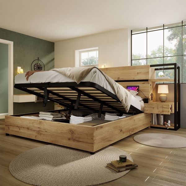 MODFU Holzbett mit Schubladen und Stauraum (Doppelbett, 1-tlg, 180×200cm, mit Matratze (H20cm), mit USB&Type-C Ladeanschluss