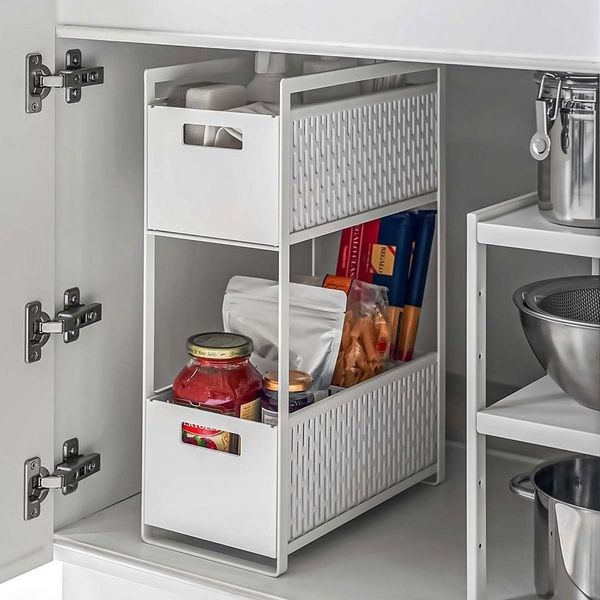 Yamazaki Küchenregal Tower Schrankregal Regal Küche Badezimmer schmal 2 Ebenen, Regal, Stauraum in Küche oder Bad, 2 Körbe, ausziehbar, Metall