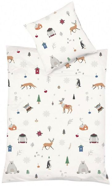 Fleuresse Mako-Satin Bettwäsche 155x220 Fuchs Hirsch Winter Bäume weiß 114324-09