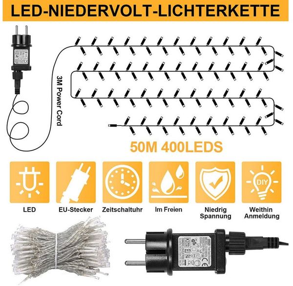 Rosnek Lichterkette 20M/30M/50M/100M 31V DC LED-Lichterkette, Timer, Speicherfunktion, 8 Modi für Zuhause Garten Hof Hochzeit Weihnachtsfeier Feiertag