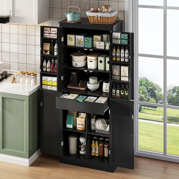 Merax 182cm Küchenschrank, multifunktionaler Hochschrank, Sideboard mit zwei Regaltüren, Staufächern und innenliegender Schublade, Schwarz