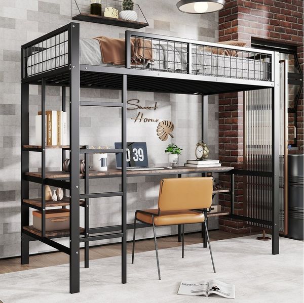 Merax Hochbett (1-St) Eisen Etagenbett 90x200cm mit Schreibtisch, Regal & 4-stufige Leiter