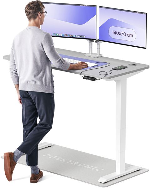 Desktronic HomePro Elektrisch höhenverstellbarer Schreibtisch 140x70cm Weiß/Grau mit Memory-Funktion, Anti-Kollisions Technologie, USB-A und USB-C-Ladeanschlüssen