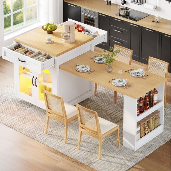 i@home Kücheninsel Ausziehbare Kücheninsel mit LED-Beleuchtung, (Moderner Küchenschrank mit 2 Schubladen), MDF-Küchenarbeitsplatte für Essbereich, Verstellbare Einlegeböden