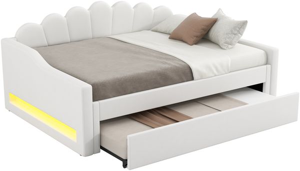 Gepolstertes 140x200 cm Tagesbett mit LED-Gürtel und Ausziehbett, Beige