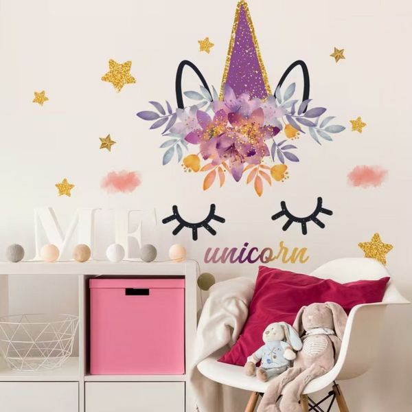 Montegoni Wandsticker Einhorn Wandsticker Kinderzimmer Unicorn Wandtattoo selbstklebend (Einzelbogen Set, 1er Set Einhorn Wandsticker), Selbstklebend, Ablösbar, Kinderfreundlich, Dekorativ