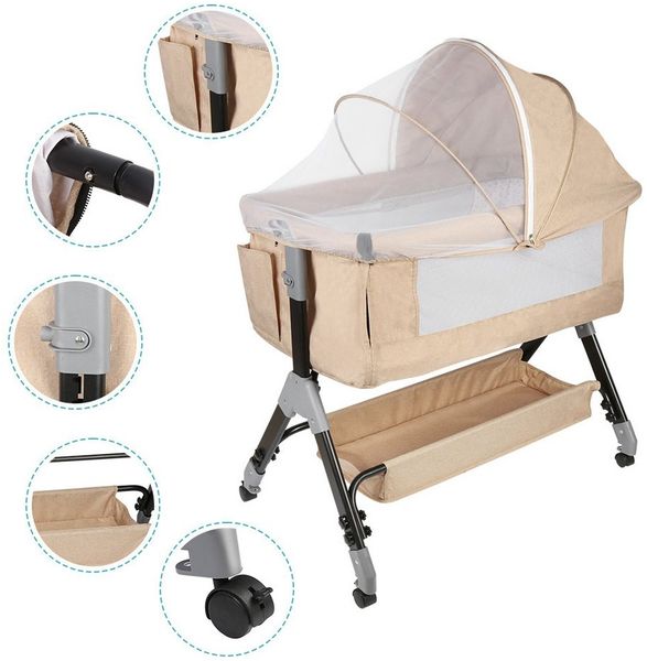 JEOBEST Beistellbett Baby, Grab-and-go Baby Bett mit Matratze & Rädern für Neugeborene, Tragbare Babybett mit 4 verstellbaren Höhen & Matratze