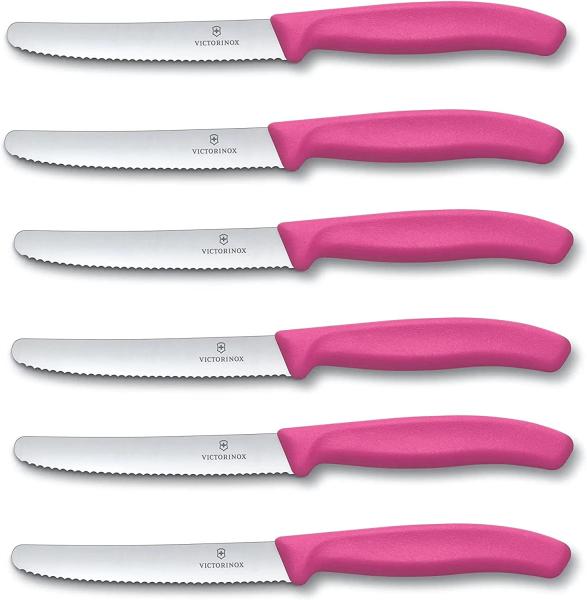 Victorinox 6 Stück Tafelmesser - Tomatenmesser Swiss Classic mit Wellenschliff rostfrei - Swiss Made - Pink