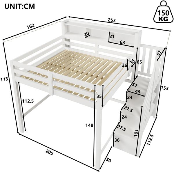 Hochbett, 140x200cm,Mit LED-Leuchten, Großer Stauraum unter dem Bett, Ablageleiter, offenem Staufach, ohne Matratze, Weiß Bild 8