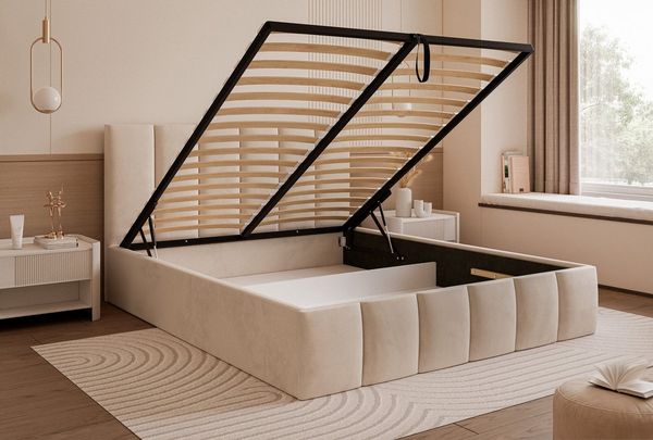 Goldstoff Polsterbett Modernes Designbett "MAESTRO" mit Stauraum und elegantem Kopfteil (120–200x200 cm, Kopfteilhöhe: 90/110 cm, Seitenhöhe: 30 cm), Elegantes Designbett mit integriertem Stauraum und Komfortkopfteil