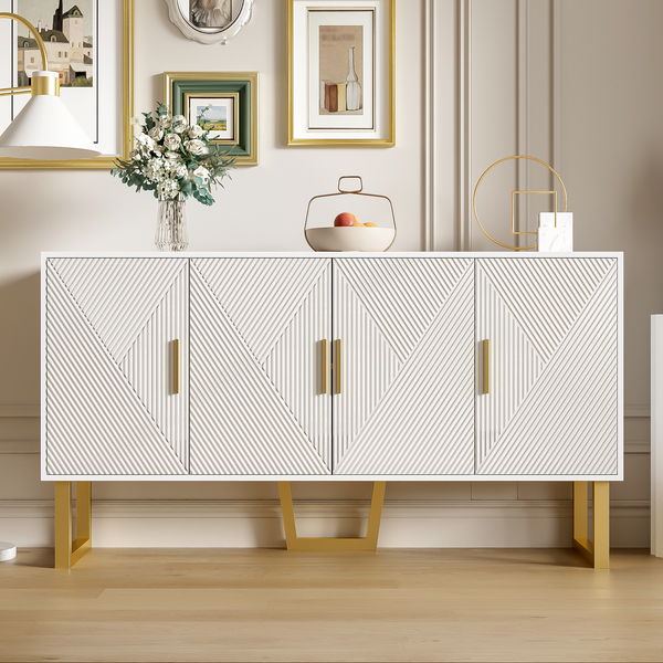 Sideboard weiß, 4 Türen hochglänzend, goldene Griffe, höhenverstellbar, B150xT40xH82 cm
