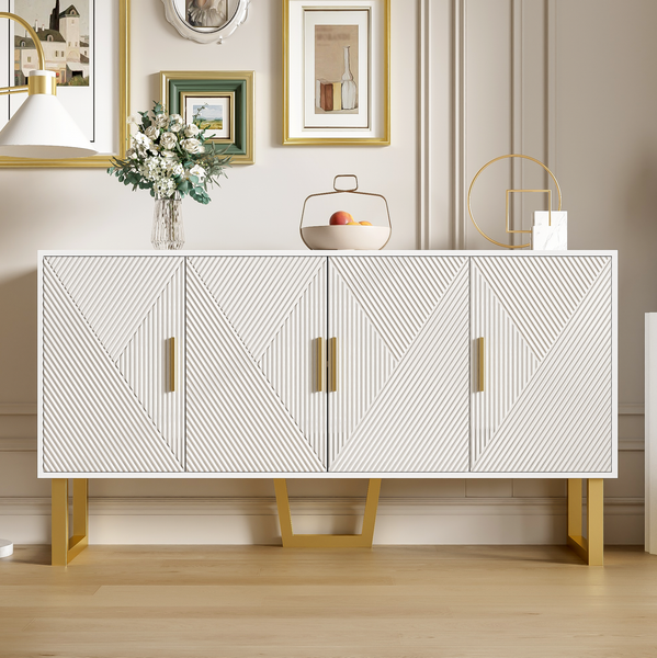 Sideboard weiß, 4 Türen hochglänzend, goldene Griffe, höhenverstellbar, B150xT40xH82 cm