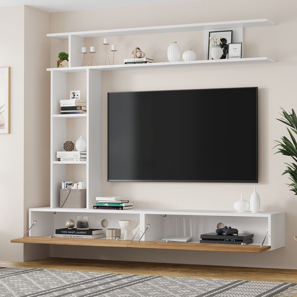TV-Schrank 180x35x22,5 cm, hängend & stehend, Weiß/Eiche, 2 Türen