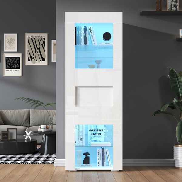 Vitrine Weiß Hochglanz, 60x40x170 cm mit Acryltür, App-LED & verstellbaren Glasböden