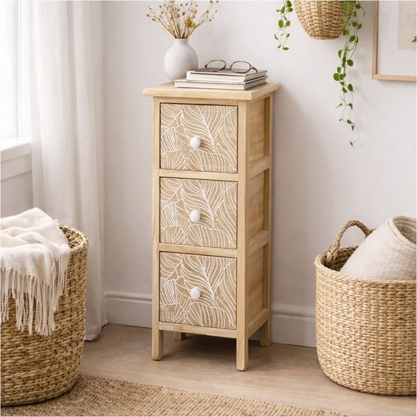 HTI-Living Kommode Kommode Melia schmal 3 Schubladen Blätter-Design Artisaneiche-Weiß (Stück, 1 St, 1 Kommode)