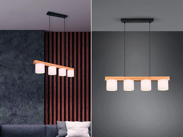 LED Holzbalken Pendelleuchte 4-flammig, Stoff Lampenschirme Weiß, B: 75cm