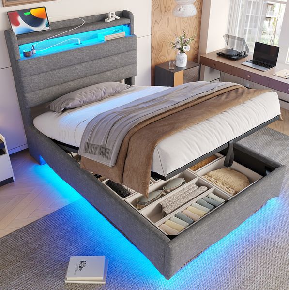 Polsterbett Leinen mit LED, Stauraum & USB-Anschluss, 90x200 cm, Grau, ohne Matratze