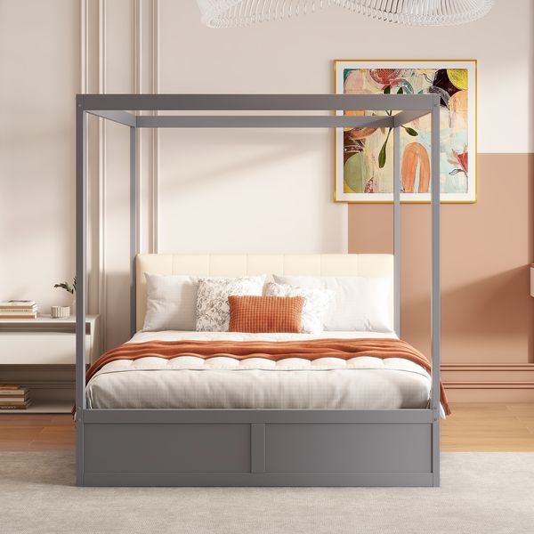 Graues Zeltbett 140x200 cm Mit Schubladen Und Gepolsterter Rückenlehne Kinderbett Massivholz Zeltdesign Spielbett Traumzelt Stauraum Bett Moskitonetz Option Schlafzimmer Bett Grau