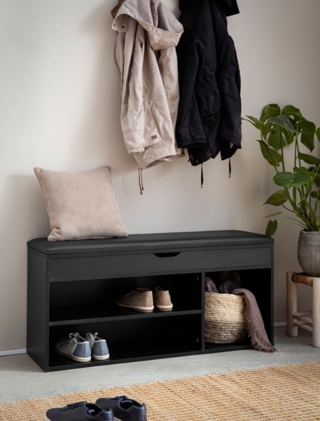 FINEBUY Schuhbank FB107189 (mit Sitzfläche Garderobenbank 104x51x32 cm Schwarz), Sitzbank Schmal Flur mit Stauraum, Truhenbank Bild 2