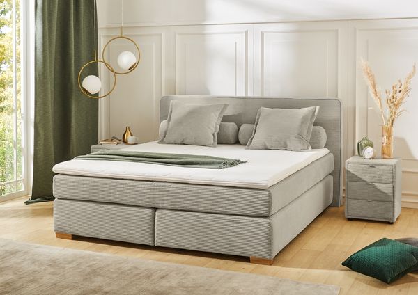 Jockenhöfer Gruppe Boxspringbett Romy erhältlich in 140 & 180cm Breite, Cordstoff, 7-Zonen-TTFK-Matratze, KS-Topper, Echtholzfüße