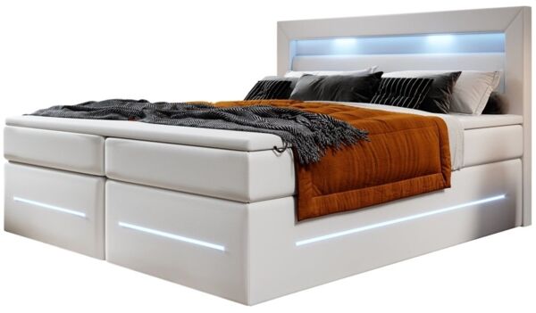 Boxspringbett Sevilla mit LED und Stauraum 180x200 Weiß H4 (100kg+)