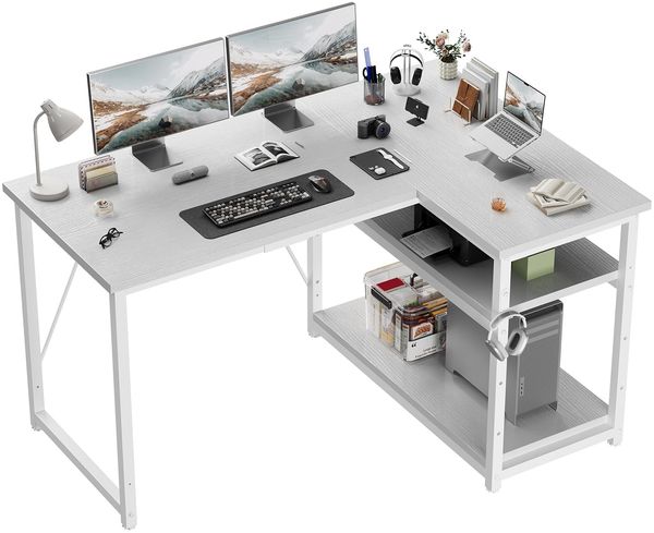 JUMMICO L-förmiger Schreibtisch mit Stauraum & umkehrbarem Regal, Weiß, 120x80 cm