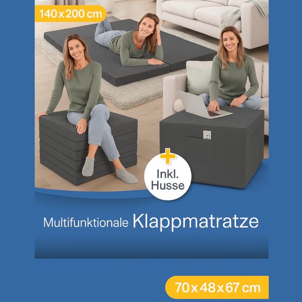 belviona 3-in-1 Klappmatratze, faltbares Gästebett mit waschbarem Bezug & Seitentaschen, platzsparend als Sitzwürfel nutzbar