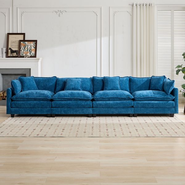 Sofa Cloud, modular mit variabler Sitzfläche, Chenille blau, doppellagige Polsterung und ergonomischer Rückenstütze,75*380*84 cm