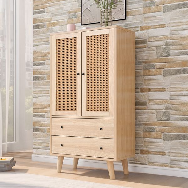 Sideboard 20 cm Holzoptik mit 2 Türen & 2 Schubladen, PE-Rattan-Türen, Push-to-Open