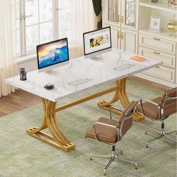 Tribesigns Schreibtisch 160x80 cm mit Marmoroptik Platte & Gold Gestell