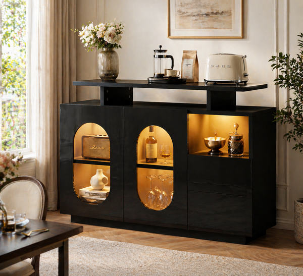 Flieks Sideboard mit LED-Beleuchtung, Vitrinenschrank mit ovalen Glastüren , 120 x 40 x 80cm, praktischer Stauraum, Schwarz