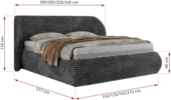 Polsterbett mit Lattenrost, Doppelbett Bettkasten, Bettgestell mit Gasdruckfeder Multipocket Matratze Härtegrad H3/H4 - CAELA CLASSIC - 140 x 200 cm - Grau Cord - ELORI LUX Bild 4