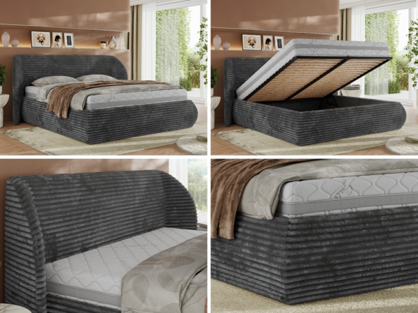 Polsterbett mit Lattenrost, Doppelbett Bettkasten, Bettgestell mit Gasdruckfeder Multipocket Matratze Härtegrad H3/H4 - CAELA CLASSIC - 140 x 200 cm - Grau Cord - ELORI LUX Bild 2