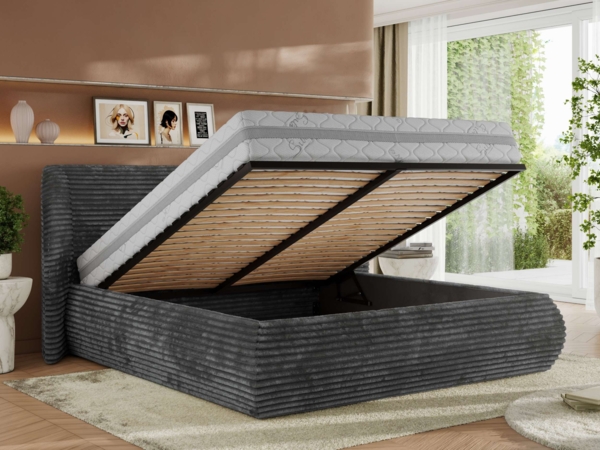 Polsterbett mit Lattenrost, Doppelbett Bettkasten, Bettgestell mit Gasdruckfeder Multipocket Matratze Härtegrad H3/H4 - CAELA CLASSIC - 140 x 200 cm - Grau Cord - ELORI LUX Bild 3