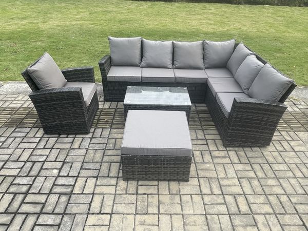 Fimous 8 Sitzer Hoher Rücken Rattan Gartenmöbel Set Polyrattan Ecksofa Set mit Rechteckiger Couchtisch Großer Fußhocker Sesseln Dunkelgrau gemischt