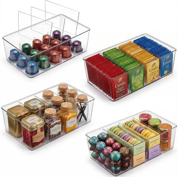 uandu home Teedose uandu Kühlschrank Organizer 4er Set – Küchen Organizer mit Trennwänden, (Packung, 4-tlg, Stapelbare Aufbewahrungsboxen Küche Transparent), Teebeutel Organizer, Schrank & Pantry Ordnungssystem
