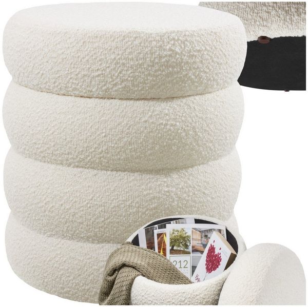 tectake® Hocker mit Stauraum, Scandi Sitzhocker Bouclé Teddy Stoff, Pouf, Polsterhocker rund für Schminktisch, Schlafzimmer, Wohnzimmer Möbel, als Flur Möbel, Stauhocker Wohnen - Bouclé Creme-weiß
