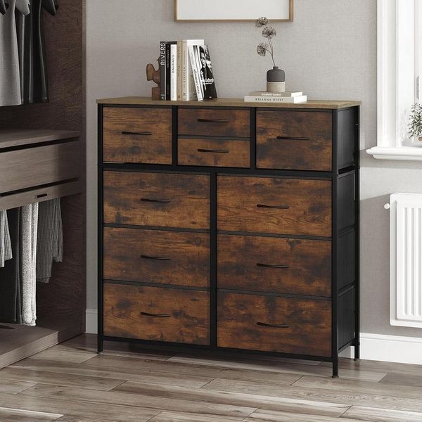 Woltu Kommode, mit 10 Schubladen aus Stoff, Metallrahmen, Industrial Stil
