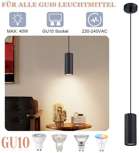 ZMH Pendelleuchte Schwarz 1 Flammig Hängelampe GU10 Modern Schlafzimmer, ohne Leuchtmittel Bild 4