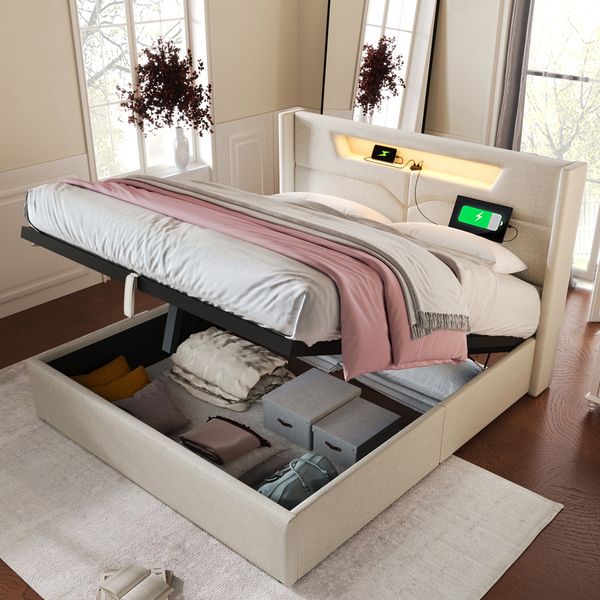 Polsterbett 160x200 cm mit LED, USB- und Type-C-Anschluss, ohne Matratze