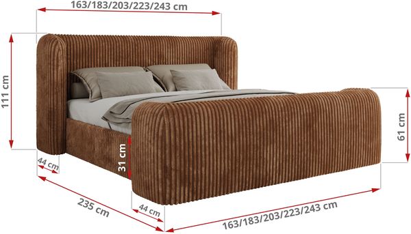 Polsterbett mit Lattenrost, Doppelbett für Schlafzimmer, Gepolstertes Kopfteil, Multipocket matratze, Härtegrad H3/H4 - EMORA CLASSIC DUO - 200 x 200 cm - Orange Cord - ELORI - LUX Bild 4
