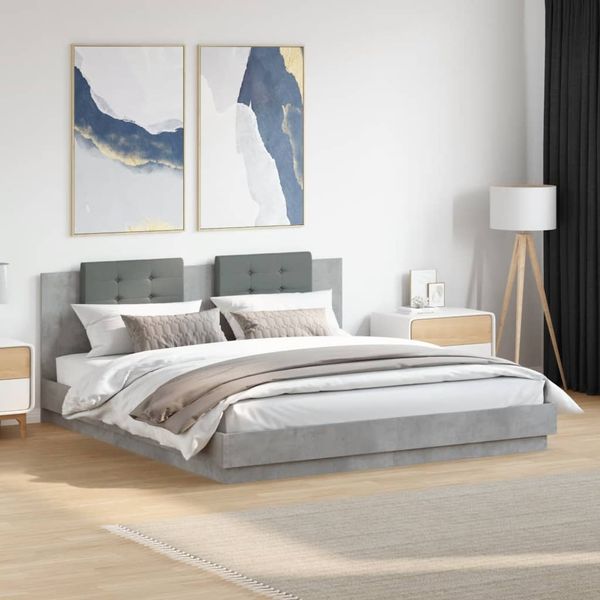 vidaXL Bettgestell mit Kopfteil und LED-Leuchten Betongrau 200x200 cm 3209985