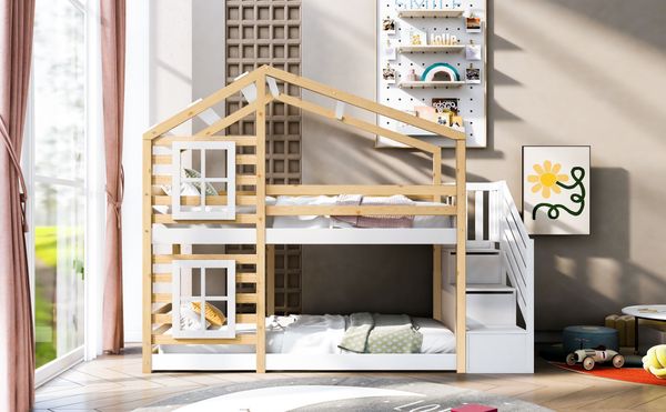Kinder-Etagenbett Massivholz, Baumhaus-Design mit Schubladentreppe, 90x200 cm, Natur & Weiß, ohne Matratze