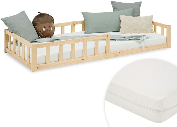 Kinderbett 90x200 mit Matratze Bodenbett mit Rausfallschutz Montessori Bett Kleinkindbett Holz Kiefer Natur Massiv Einzelbett Lattenrost