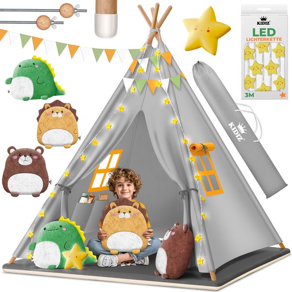 KIDIZ® Tipi Zelt für Kinder Spielzelt 100 x 100 x 160 cm Kinderzelt aus Baumwolle mit LED-Lichterkette, Leuchtstern, Fahnengirlande, 3 Plüschtiere, Untermatte & Tragetasche Spielhaus für drinnen & draußen Grau